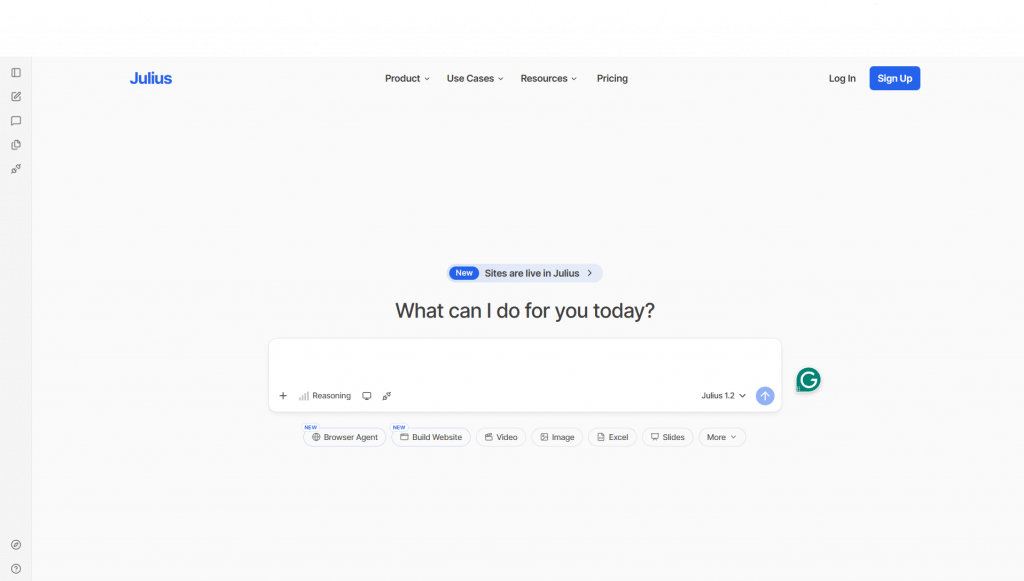 Light mode interface for Julius AI featuring top navigation links, a central prompt box titled "What can I do for you today?", tool feature pills, and a left sidebar menu.