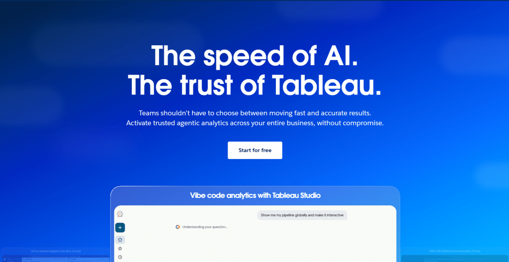 Blue hero section for Tableau titled "The speed of AI. The trust of Tableau.", featuring a central CTA button and a preview interface of Tableau Studio.