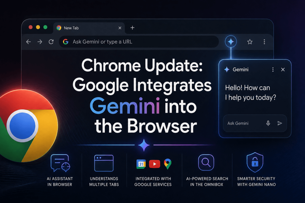 Promotional graphic announcing "Chrome Update: Google Integrates Gemini into the Browser", showing a Google Chrome browser window with an address bar prompt and a side-panel Gemini AI chat window, alongside feature icons for Google service integrations and Gemini Nano security.