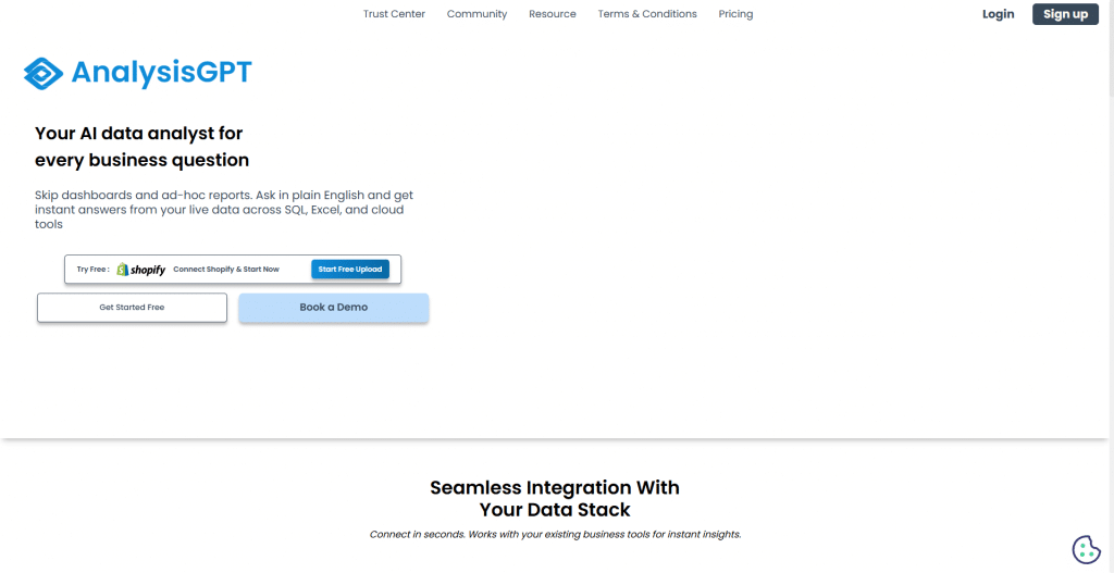 Light hero section for AnalysisGPT titled "Your AI data analyst for every business question", featuring top navigation links, integration callouts, and main CTA buttons.