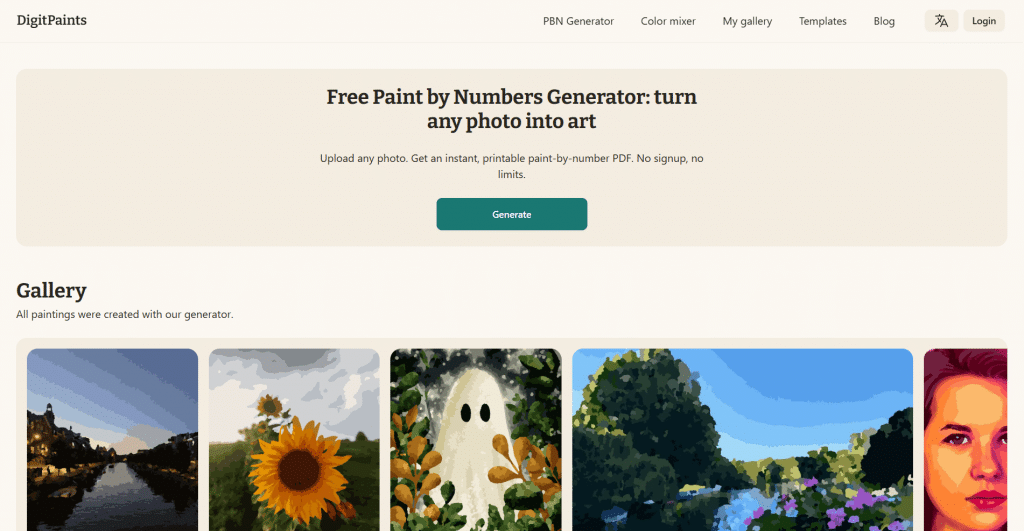 Light hero section of the DigitPaints homepage titled "Free Paint by Numbers Generator: turn any photo into art," featuring navigation links, a green CTA button, and a gallery of paint-by-number artwork examples.