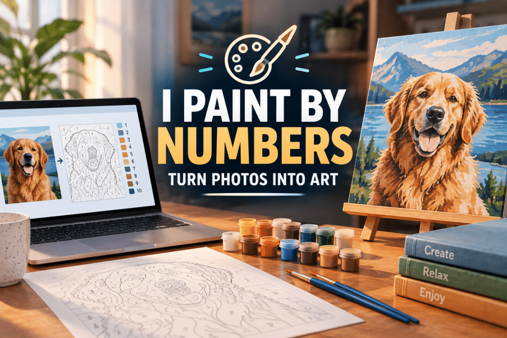 Promotional graphic titled "I PAINT BY NUMBERS: TURN PHOTOS INTO ART", featuring a laptop displaying a dog photo converted to an outlined template, paint pots, a printed canvas, and a completed painting on an easel.