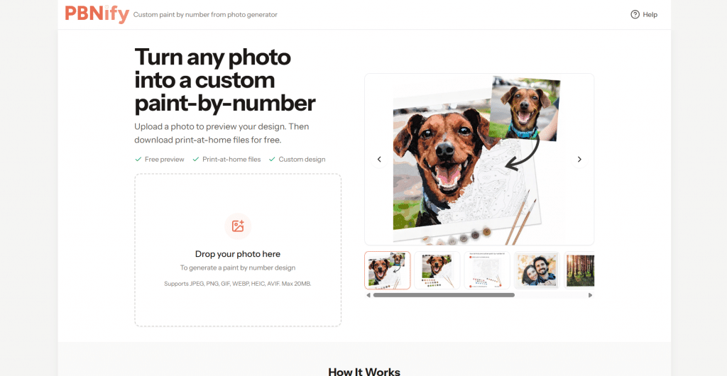 Light hero section for PBNify titled "Turn any photo into a custom paint-by-number", featuring key platform features, an image upload box, and a visual preview card showing a dog photo conversion.
