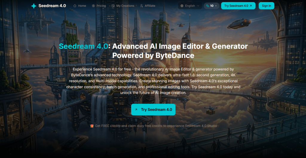 Web landing page hero section for Seedream 4.0 titled "Advanced AI Image Editor & Generator Powered by ByteDance", featuring navigation links, action buttons, credit count, and a futuristic sci-fi city background.