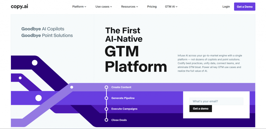 Web landing page for Copy.ai featuring the headline "The First AI-Native GTM Platform", subtext highlighting go-to-market engine integration, an email capture field with a "Get a demo" button, and a circuit-style diagram showing stages: Create Content, Generate Pipeline, Execute Campaigns, and Close Deals.