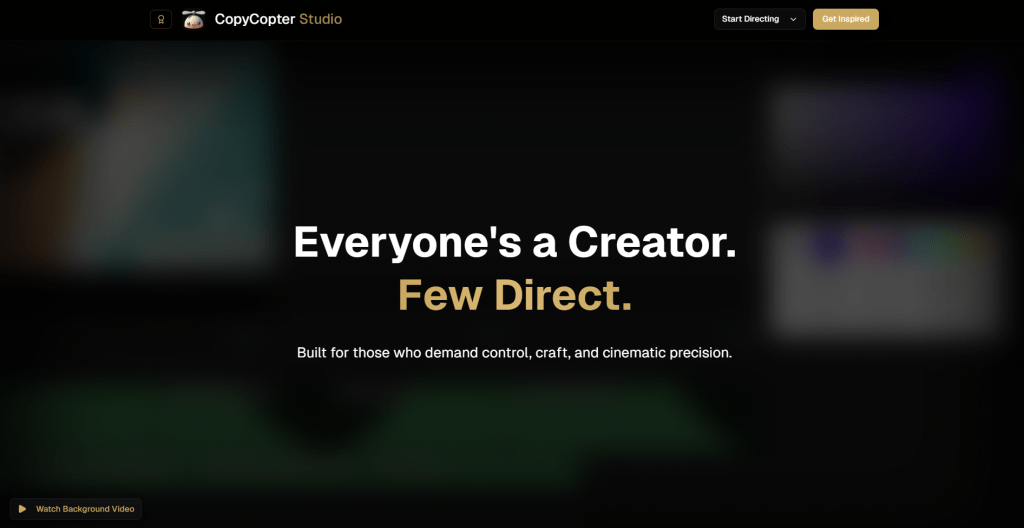 Web landing page hero section for CopyCopter Studio titled "Everyone's a Creator. Few Direct.", featuring action buttons and a dark blurred background video container.