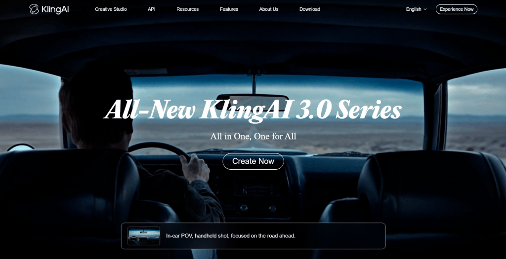 Web landing page hero section for KlingAI titled "All-New KlingAI 3.0 Series", featuring navigation links, action buttons, a video prompt overlay, and a dark point-of-view shot of a driver inside a car looking out at an open road.