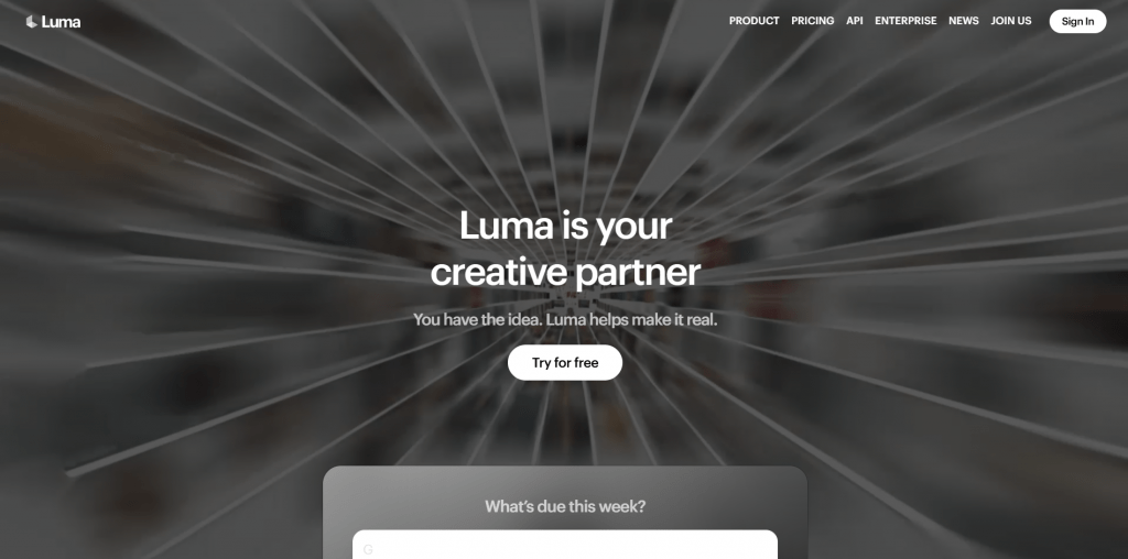 Landing page hero section for Luma titled "Luma is your creative partner", featuring call-to-action buttons against a perspective radial speed-line background.