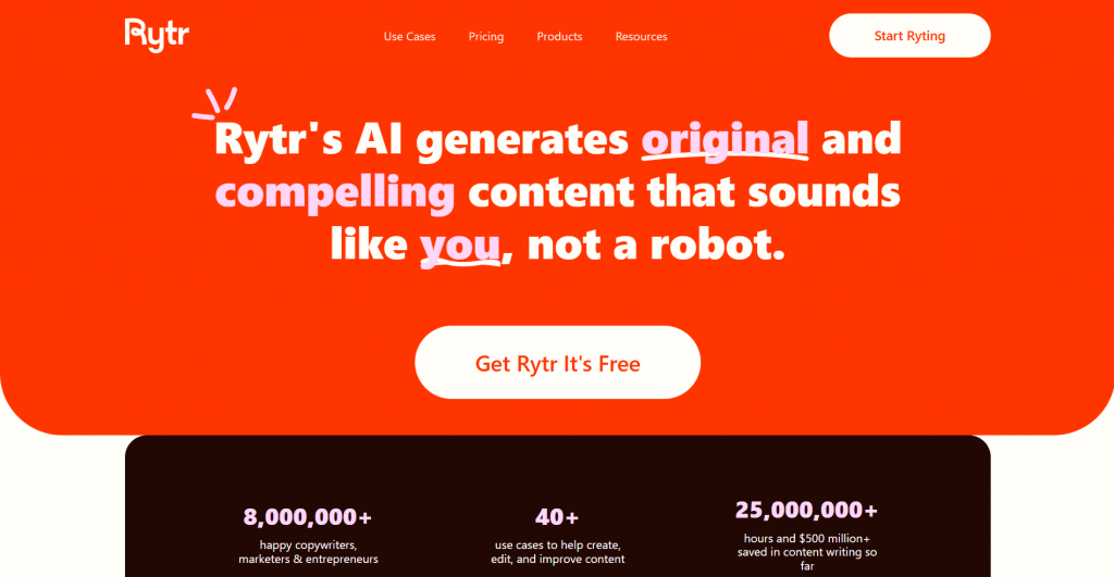 Landing page screenshot for Rytr set against a vibrant orange background, featuring the headline "Rytr's AI generates original and compelling content that sounds like you, not a robot.", a "Get Rytr It's Free" call-to-action button, and key user statistics below.