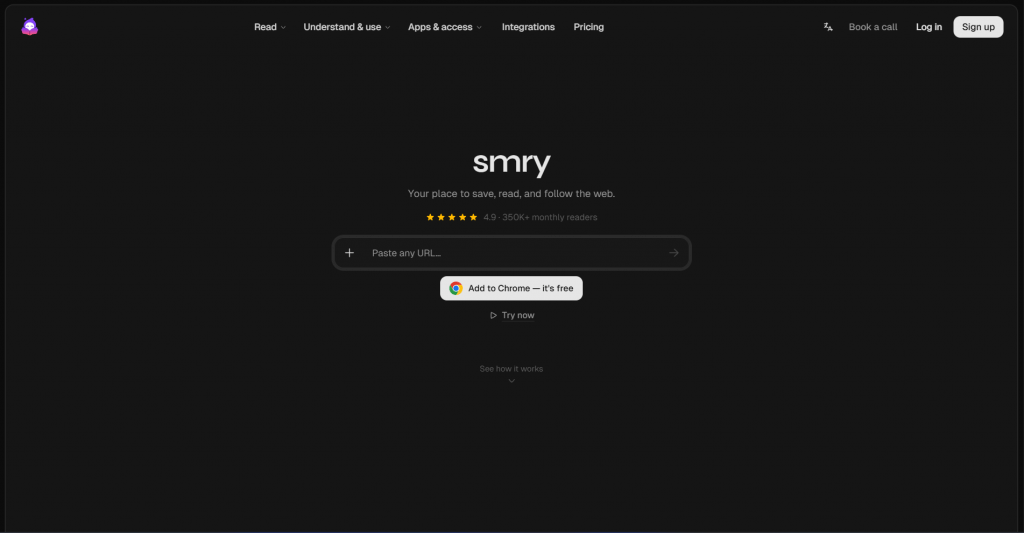 Dark-mode landing page screenshot for smry featuring the headline "smry", tagline "Your place to save, read, and follow the web.", a central URL input field, and an "Add to Chrome — it's free" button.
