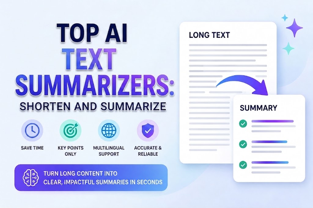 Promotional title graphic for "TOP AI TEXT SUMMARIZERS: SHORTEN AND SUMMARIZE", featuring value badges for saving time, key points, multilingual support, and accuracy, alongside a document-to-summary transformation diagram.