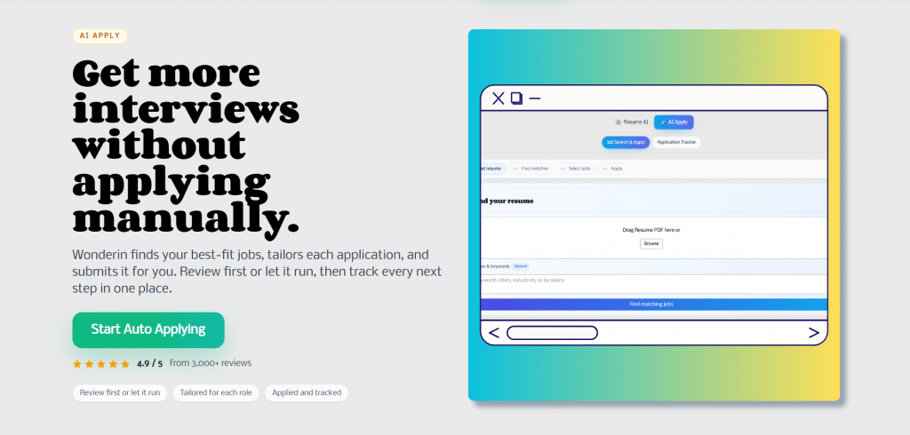 Light hero section for Wonderin titled "Get more interviews without applying manually.", featuring a teal call-to-action button, rating stars, feature tags, and a browser UI mockup card.