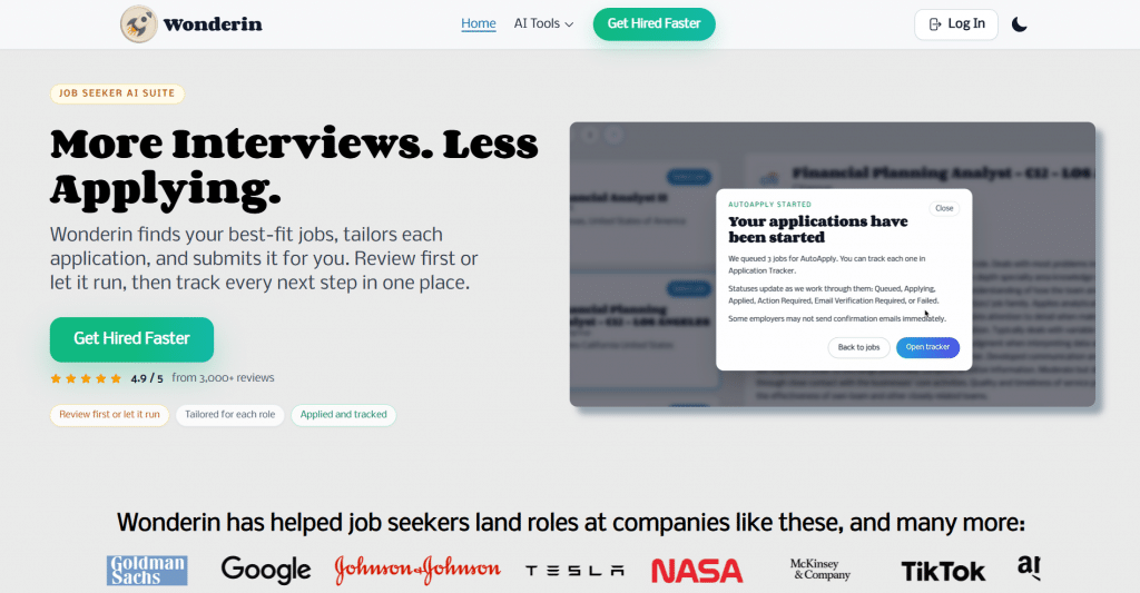Light hero section for Wonderin titled "More Interviews. Less Applying.", featuring navigation links, a teal call-to-action button, an app interface preview with an auto-apply pop-up, and corporate partner logos.
