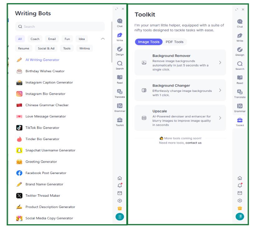 Built-in function menus in the browser