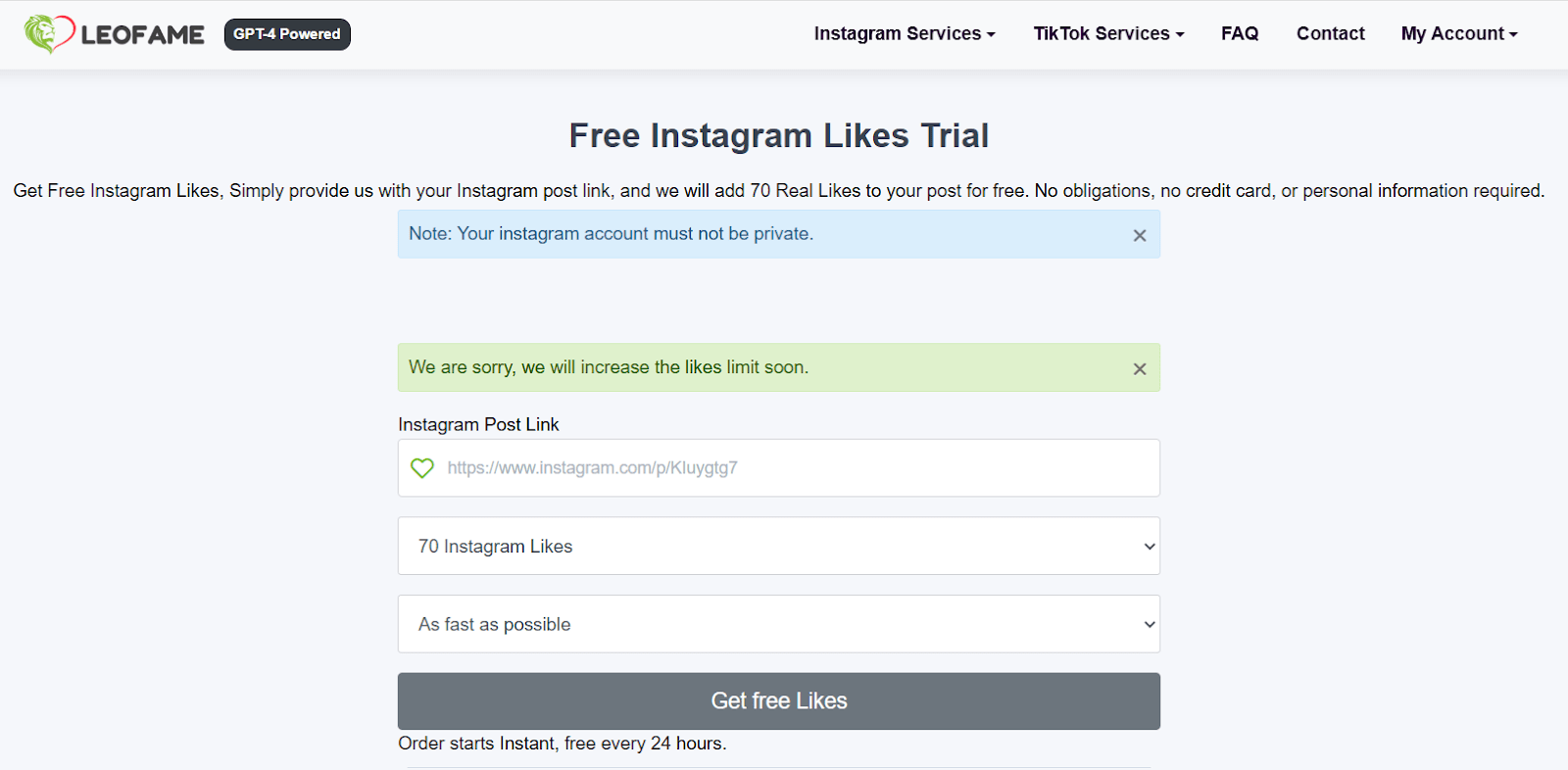 You can order a trial package of free likes, views or followers.