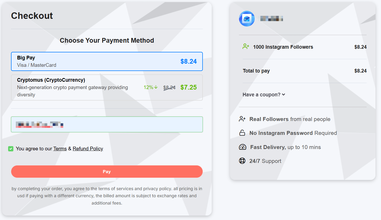 You can pay in cryptocurrency for likes, views, and subscribers. In this case, a discount is provided.