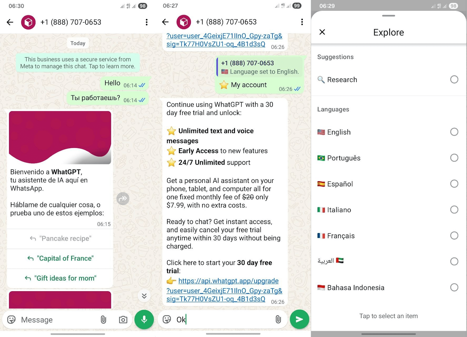 Here's what chatting with WhatGPT looked like in WhatsApp, along with the full list of supported interface languages.