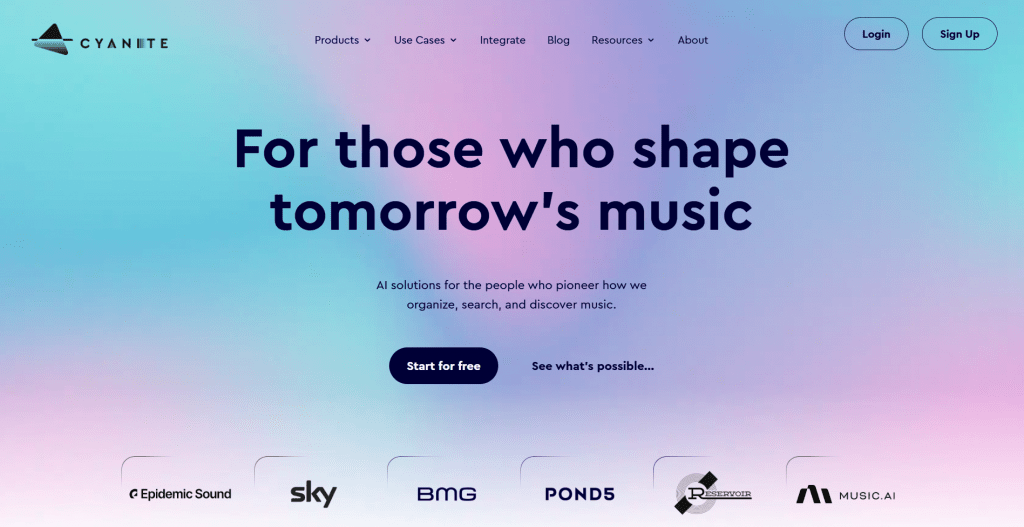 Web landing page hero section for Cyanite titled "For those who shape tomorrow's music", featuring call-to-action buttons and music industry client logos against a gradient background.
