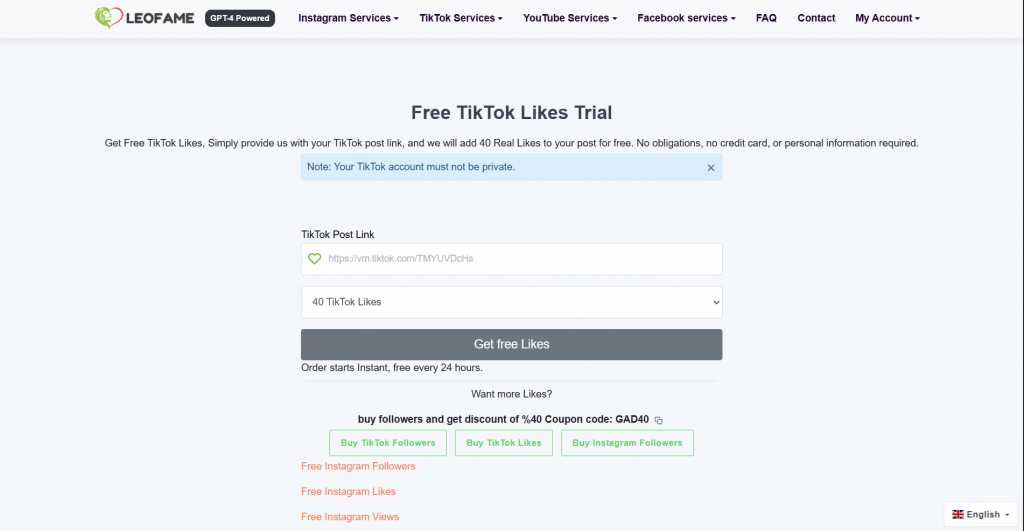 Web page screenshot for LEOFAME featuring a "Free TikTok Likes Trial" offering 40 free likes, a post link input field, a "Get free Likes" button, and links to paid social media growth services.