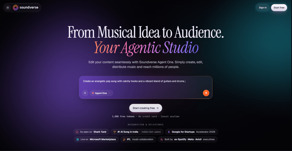 Web landing page hero section for Soundverse featuring the headline "From Musical Idea to Audience. Your Agentic Studio" above a prompt input bar and platform milestone badges against a dark gradient backdrop.