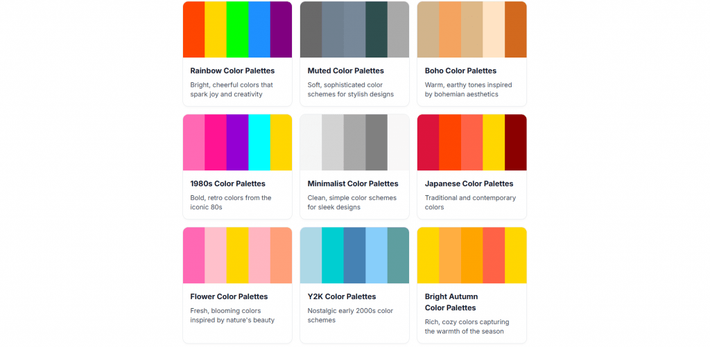 Web page gallery grid featuring nine color palette preview cards arranged in three rows, each displaying a five-color swatch bar above a title and brief description.