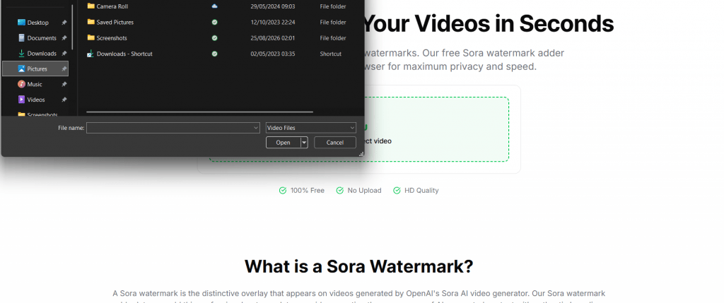 Screenshot of the Sora Watermark Adder webpage with an open Windows file explorer dialog box positioned over the video upload area.