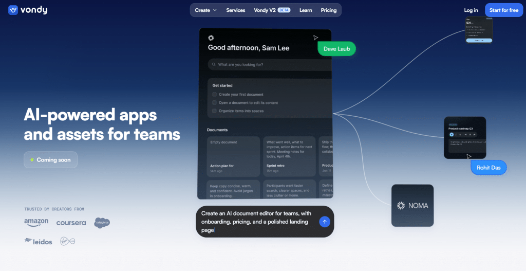 Dark hero section for Vondy titled "AI-powered apps and assets for teams", featuring header navigation, client company logos, an interactive dashboard preview with user cursor callouts, and an AI prompt input bar.