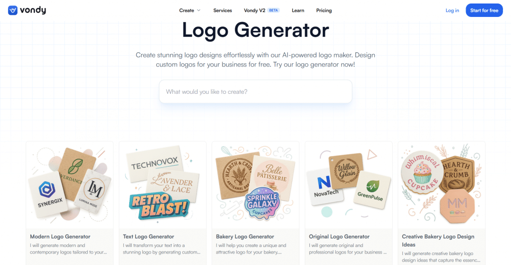 Light hero section for Vondy's Logo Generator tool titled "Logo Generator", featuring top navigation links, a prompt input bar, and a grid of AI logo generator categories.