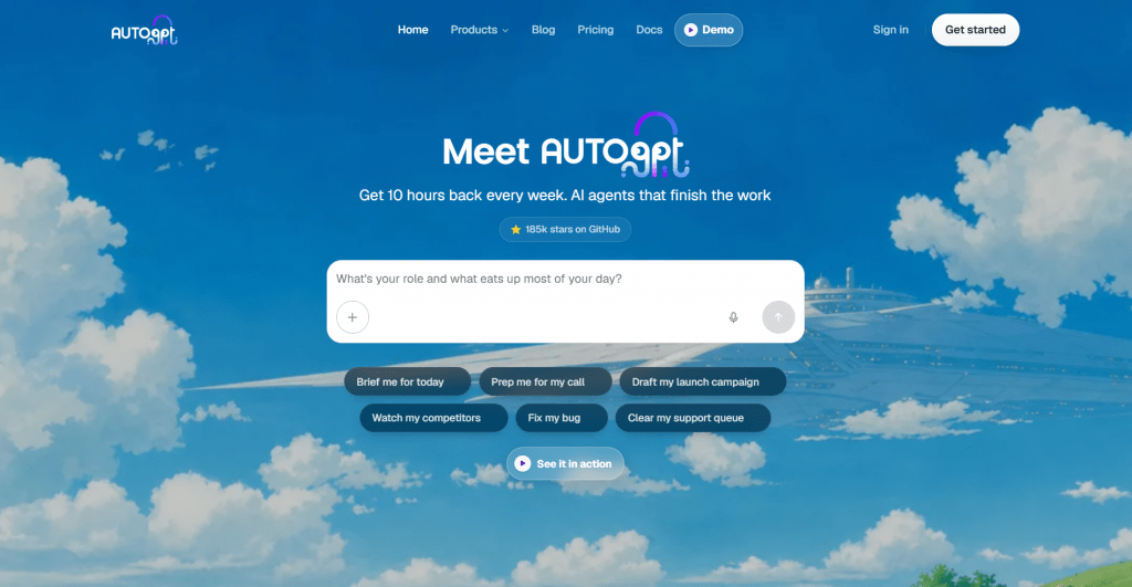 Web landing page hero section for AutoGPT titled "Meet AutoGPT", featuring main navigation links, an interactive prompt bar, quick-prompt pill tags, and a blue sky background graphic.