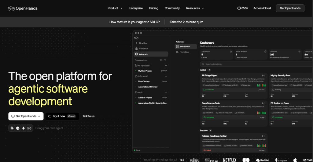 Web landing page hero section for OpenHands titled "The open platform for agentic software development", featuring call-to-action buttons, cloud integration options, and an active software automation dashboard mockup.