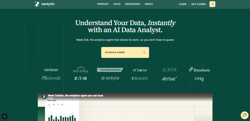 Zenlytic homepage featuring "Understand Your Data Instantly with an AI Data Analyst" headline and client logos.
