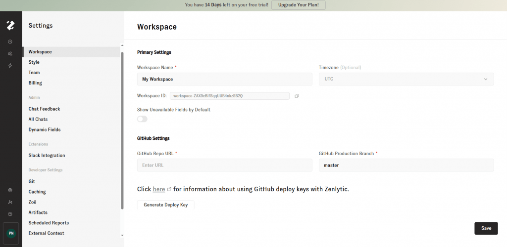 Zenlytic workspace settings dashboard showing primary configuration and GitHub integration fields.