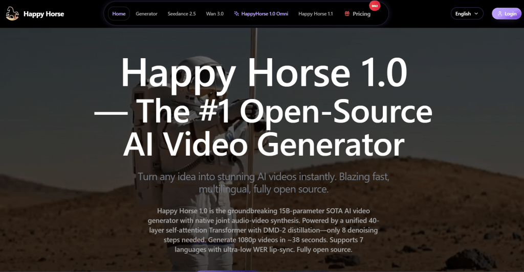 Dark hero section for Happy Horse 1.0 titled "Happy Horse 1.0 — The #1 Open-Source AI Video Generator", featuring top navigation links, model specifications, and an astronaut on Mars background image.