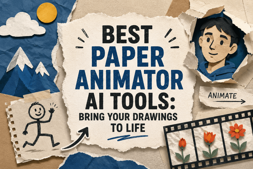 Best Paper Animator AI Tools banner showing paper cutout art style with mountains, flowers in a film strip, and a stick figure drawing coming to life.