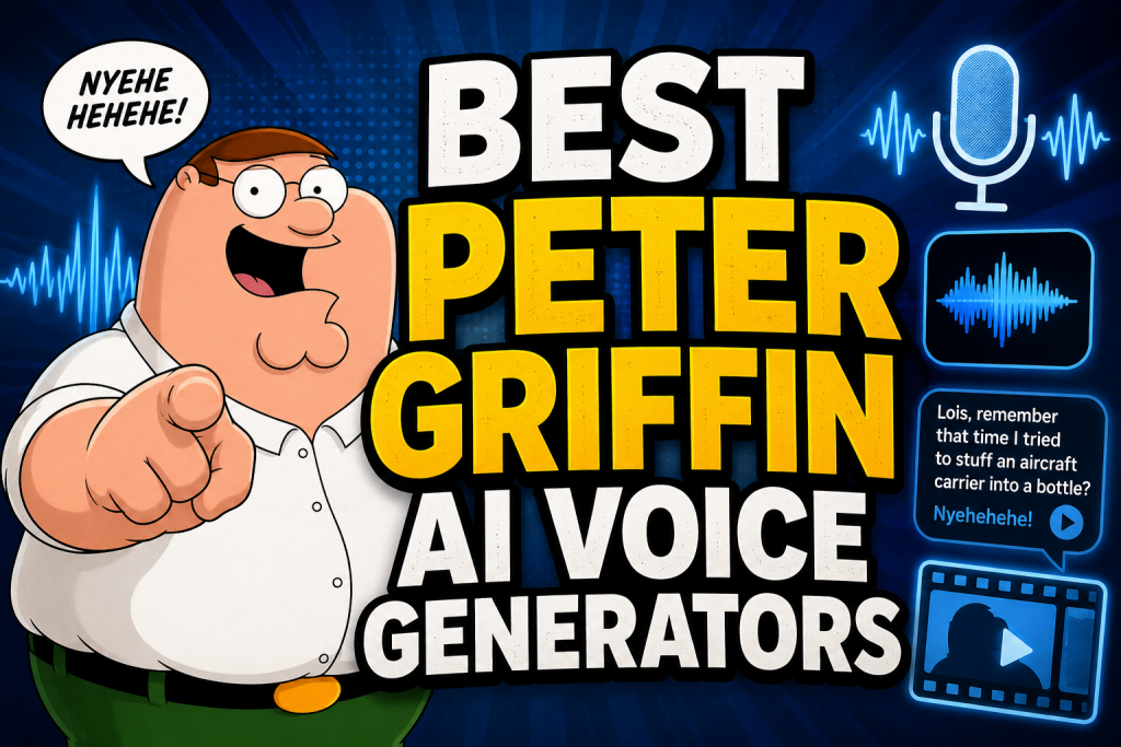 Best Peter Griffin AI Voice Generators banner featuring Peter Griffin and sound wave icons.
