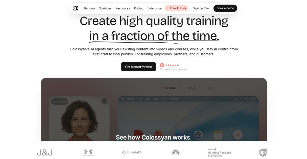 Web landing page hero section for Colossyan titled "Create high quality training in a fraction of the time.", featuring calls to action, an embedded product demo video frame, and enterprise client logos.