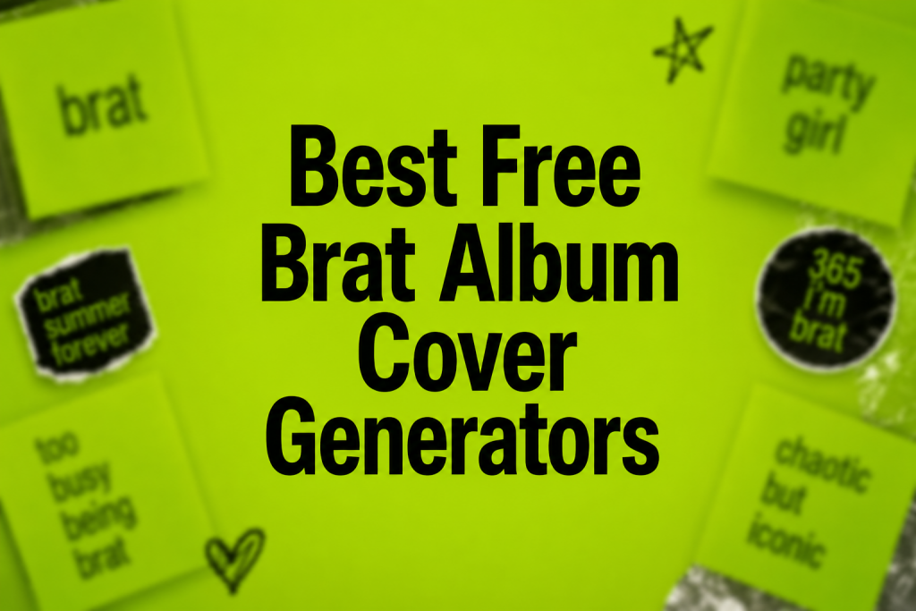 Best Free Brat Album Cover Generators title card featuring lime green aesthetic stickers with phrases like party girl and chaotic but iconic.
