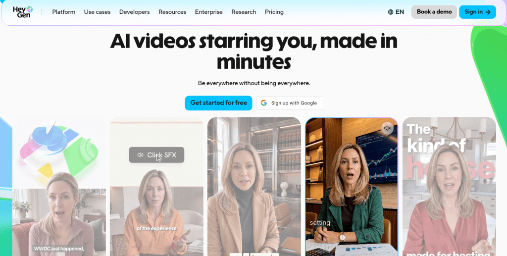 Landing page for HeyGen featuring the headline "AI videos starring you, made in minutes" above five video preview cards showing avatar examples.