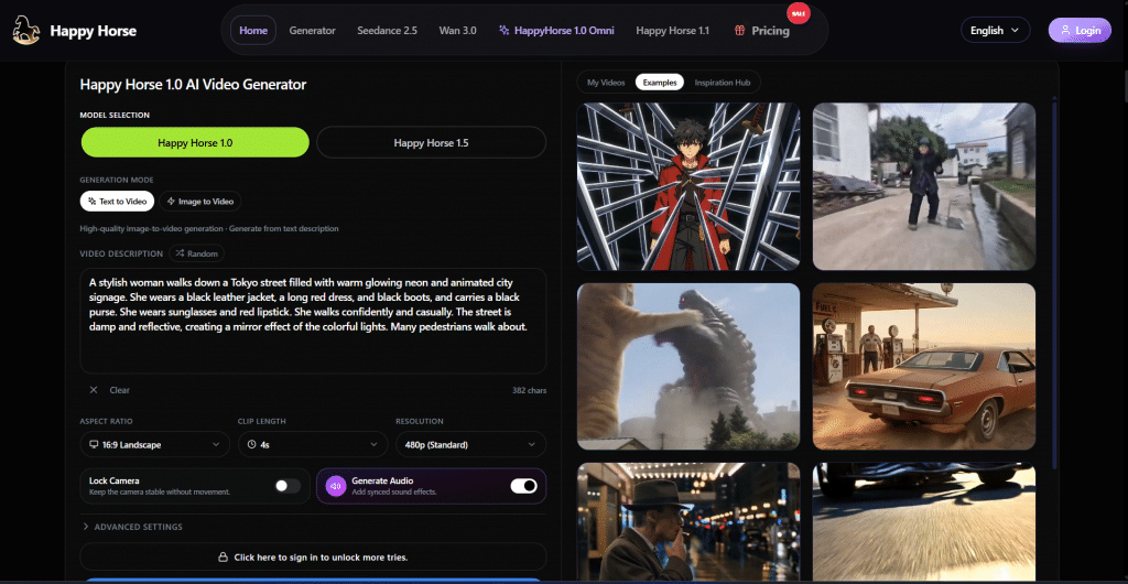 Dark application workspace interface for the Happy Horse 1.0 AI Video Generator, featuring model selection tabs, text prompt controls, video generation settings, and an inspiration video gallery grid.