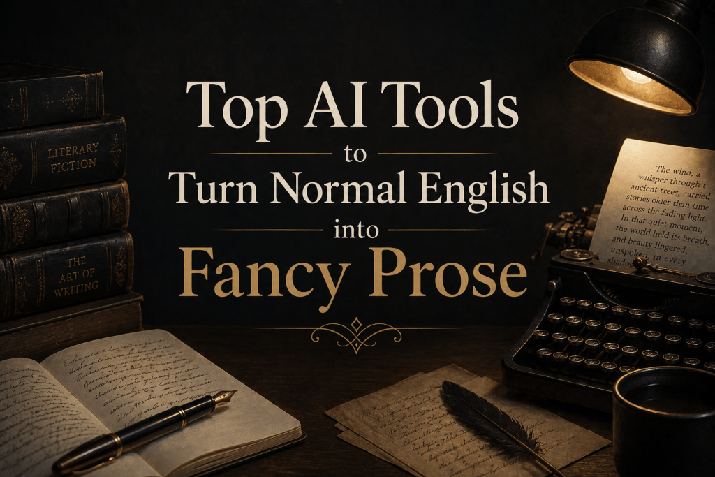 Graphic banner image with a moody aesthetic featuring the title "Top AI Tools to Turn Normal English into Fancy Prose" set alongside leather-bound books, a fountain pen on an open ledger, a vintage typewriter, and a desk lamp.