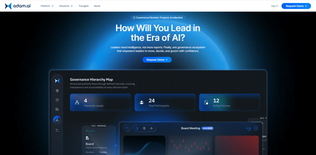 Adam.ai website platform homepage showing AI governance ecosystem and hierarchy map dashboard.