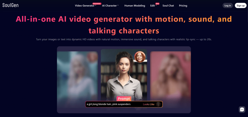 SoulGen AI video generator homepage showing text-to-video tools and talking characters interface.