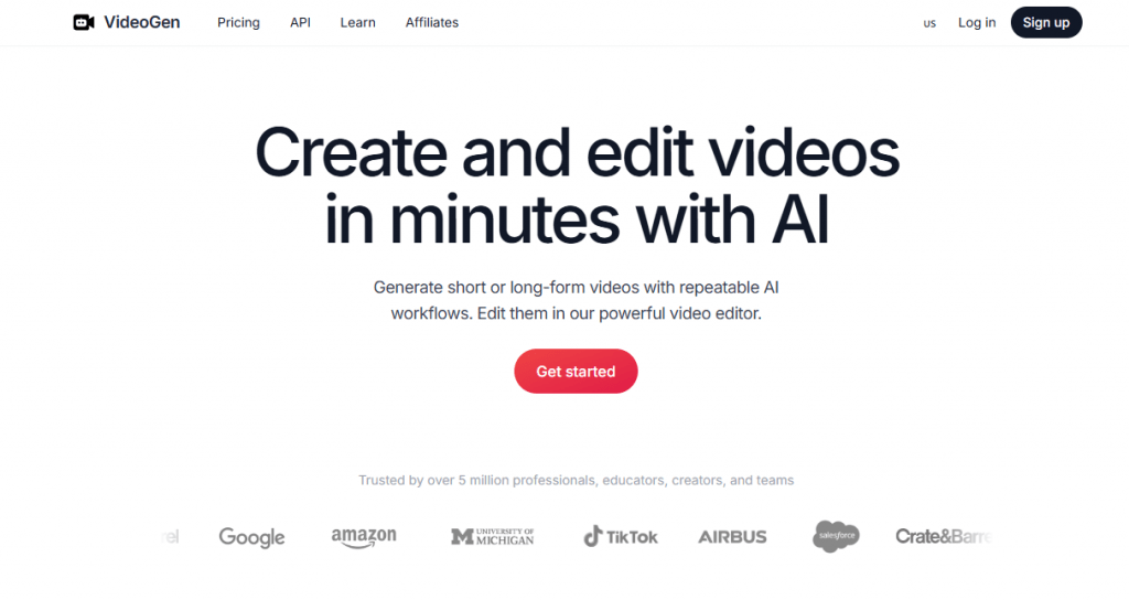 VideoGen website homepage displaying the headline Create and edit videos in minutes with AI.