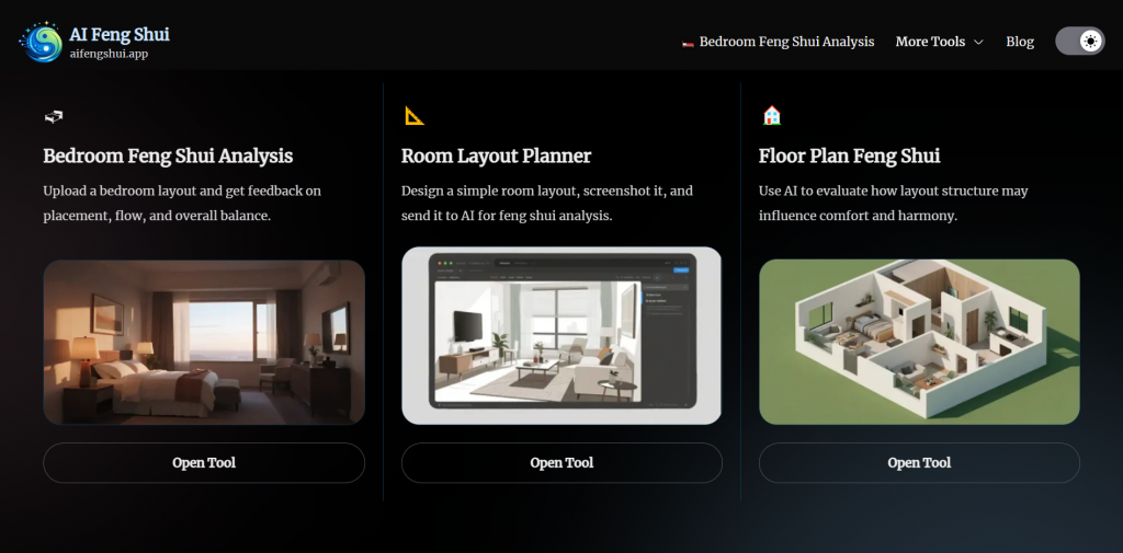 Dashboard of AI Feng Shui tools for bedroom analysis, layout planning, and floor plans.