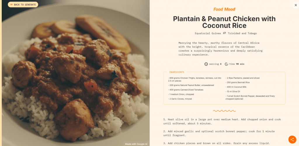 Google Food Mood recipe page for Plantain and Peanut Chicken with Coconut Rice, a fusion of Equatorial Guinea and Trinidad and Tobago cuisines.