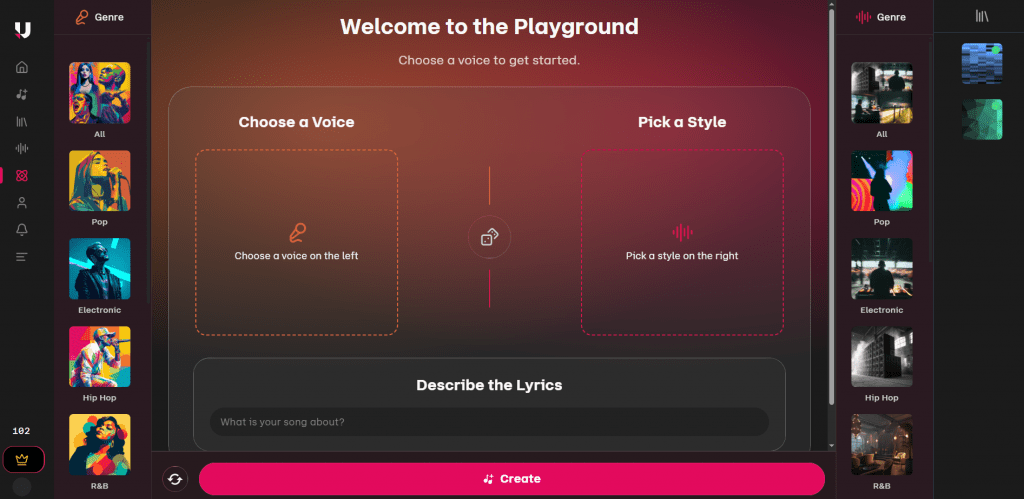 Udio AI music generator playground interface showing options to choose a voice, pick a musical style, and input lyrics for song creation.