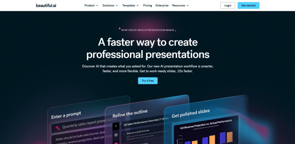 Beautiful.ai homepage interface showing the AI presentation maker slogan and design workflow steps.