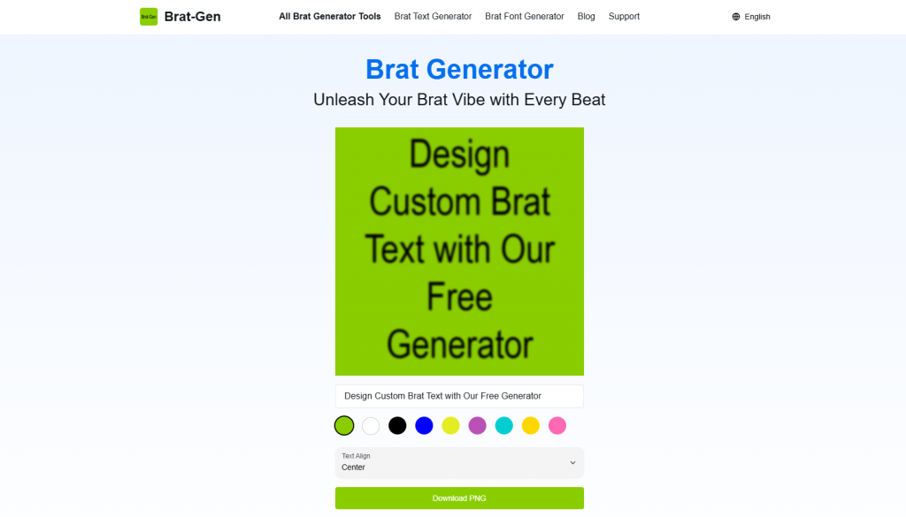 Interface of Brat-Gen, a free online tool for designing custom Brat text with lime green background and color selection dots.