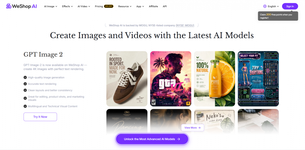 WeShop AI homepage showcasing GPT Image 2 capabilities for high-quality 4K image generation and accurate text rendering.