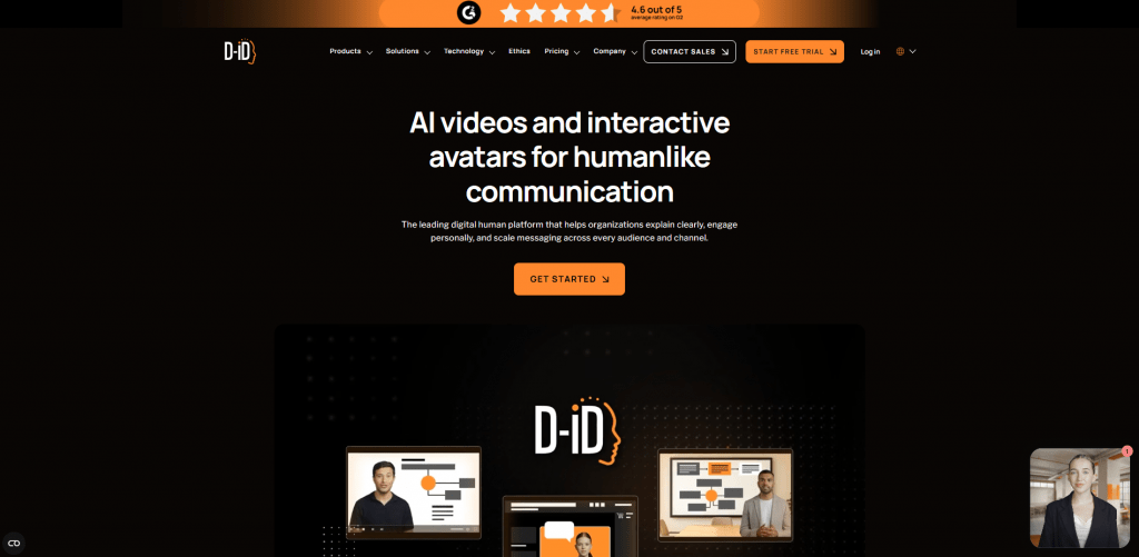 Screenshot of the D-ID homepage featuring the headline "AI videos and interactive avatars for humanlike communication" on a dark background.